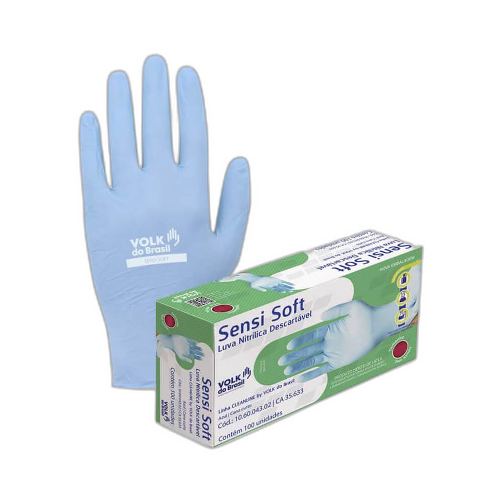 Luva descartável nitrílica azul tamanho G da marca Volk com caixa contendo 100 unidades